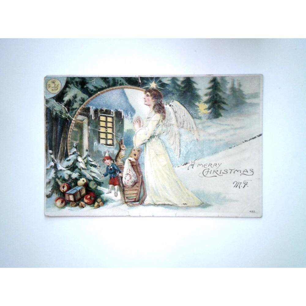 Vintage Christmas Angel Child Reindeer Winter Scene M.F. Postcard Otto Schloss